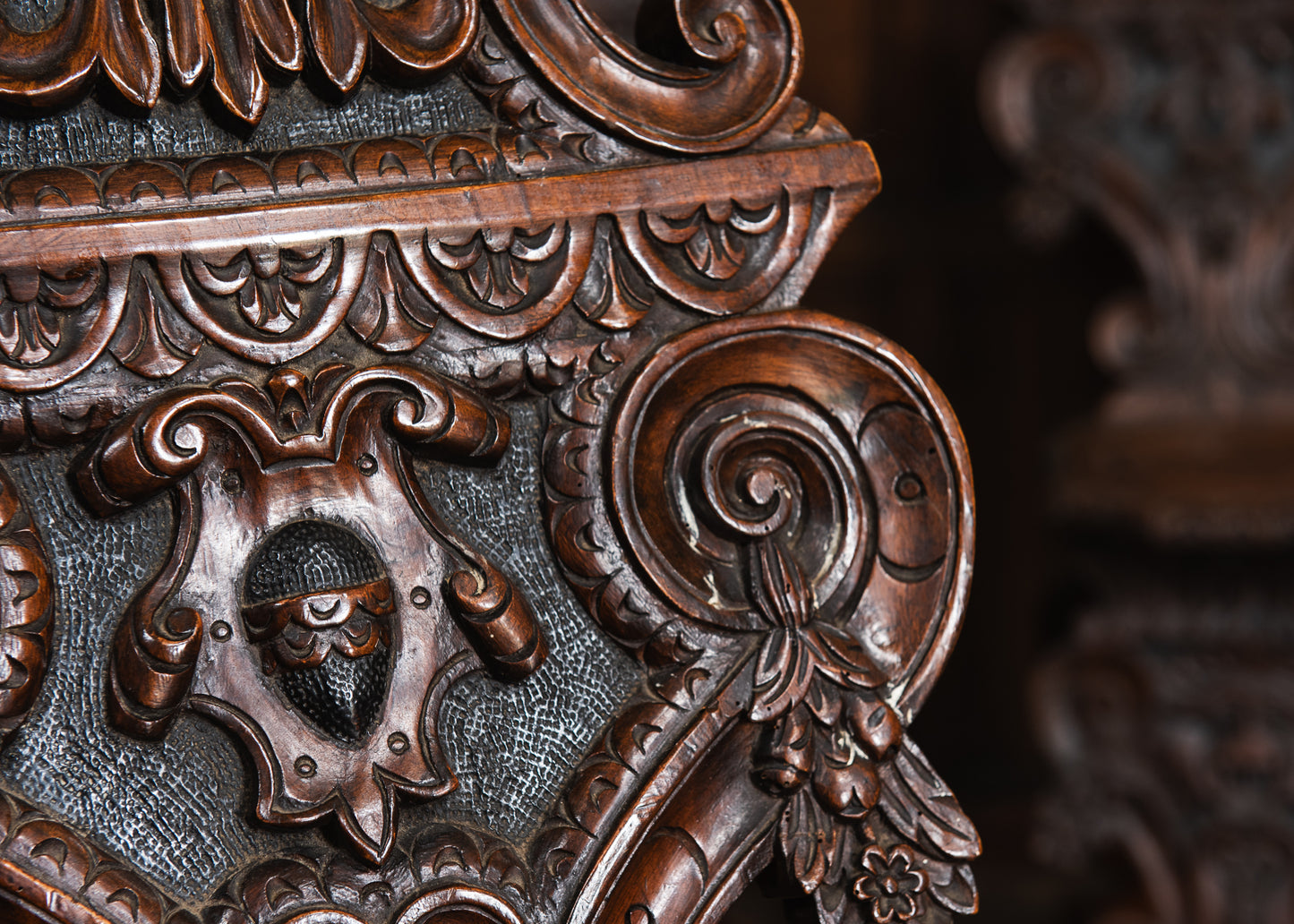 Four Carved Walnut Sgabello Hall Chairs