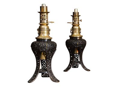 A Pair of Japonisme Gilt-Brass & Patinated Bronze Oil Lamps