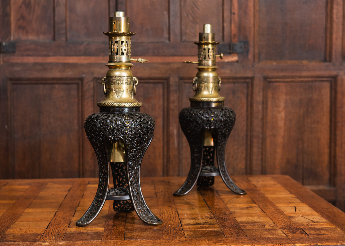 A Pair of Japonisme Gilt-Brass & Patinated Bronze Oil Lamps