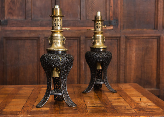 A Pair of Japonisme Gilt-Brass & Patinated Bronze Oil Lamps