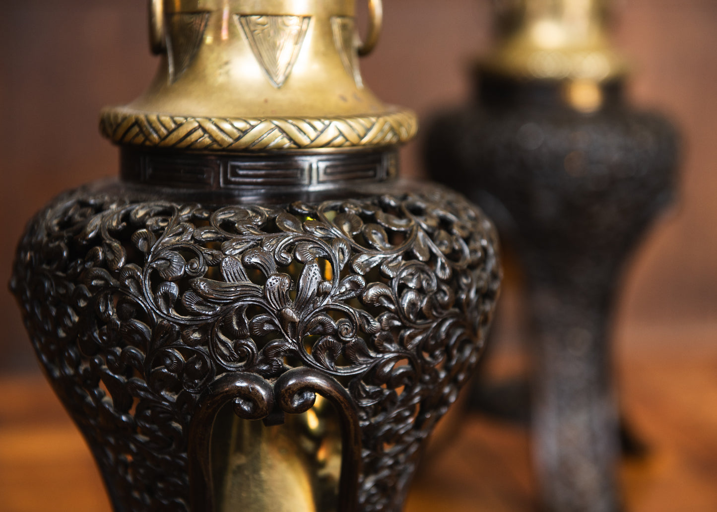 A Pair of Japonisme Gilt-Brass & Patinated Bronze Oil Lamps
