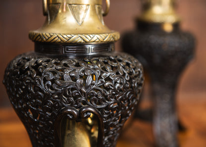 A Pair of Japonisme Gilt-Brass & Patinated Bronze Oil Lamps