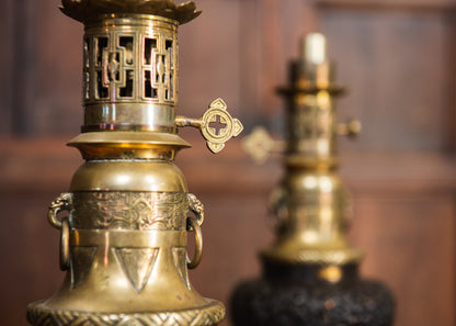 A Pair of Japonisme Gilt-Brass & Patinated Bronze Oil Lamps