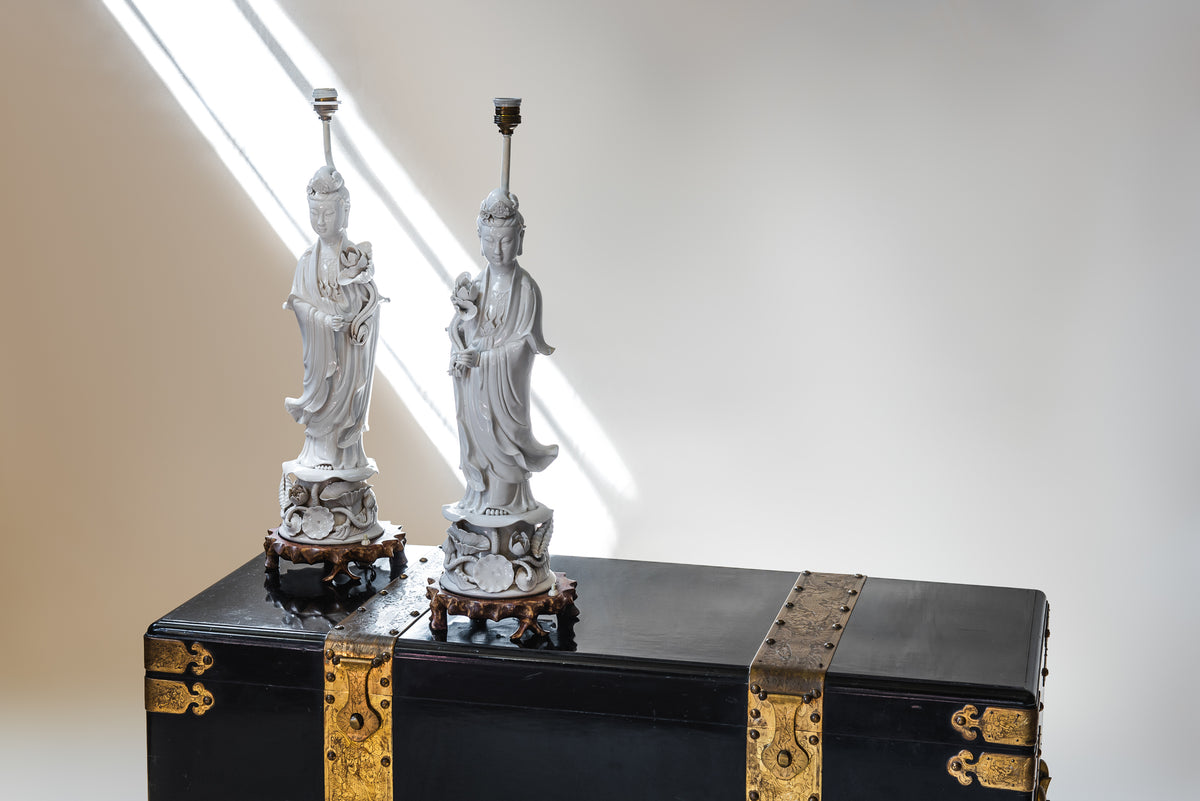 A large Pair of Blanc-de-Chine Guanyin Figures