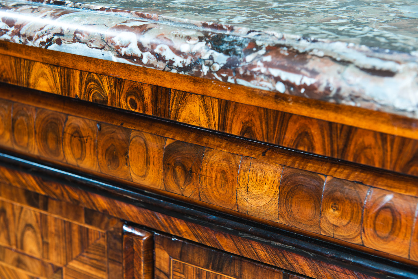 A Pair of Louis XV style Kingwood and Rouge Royal Marble Side Cabinets