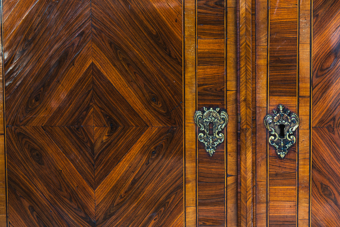 A Pair of Louis XV style Kingwood and Rouge Royal Marble Side Cabinets