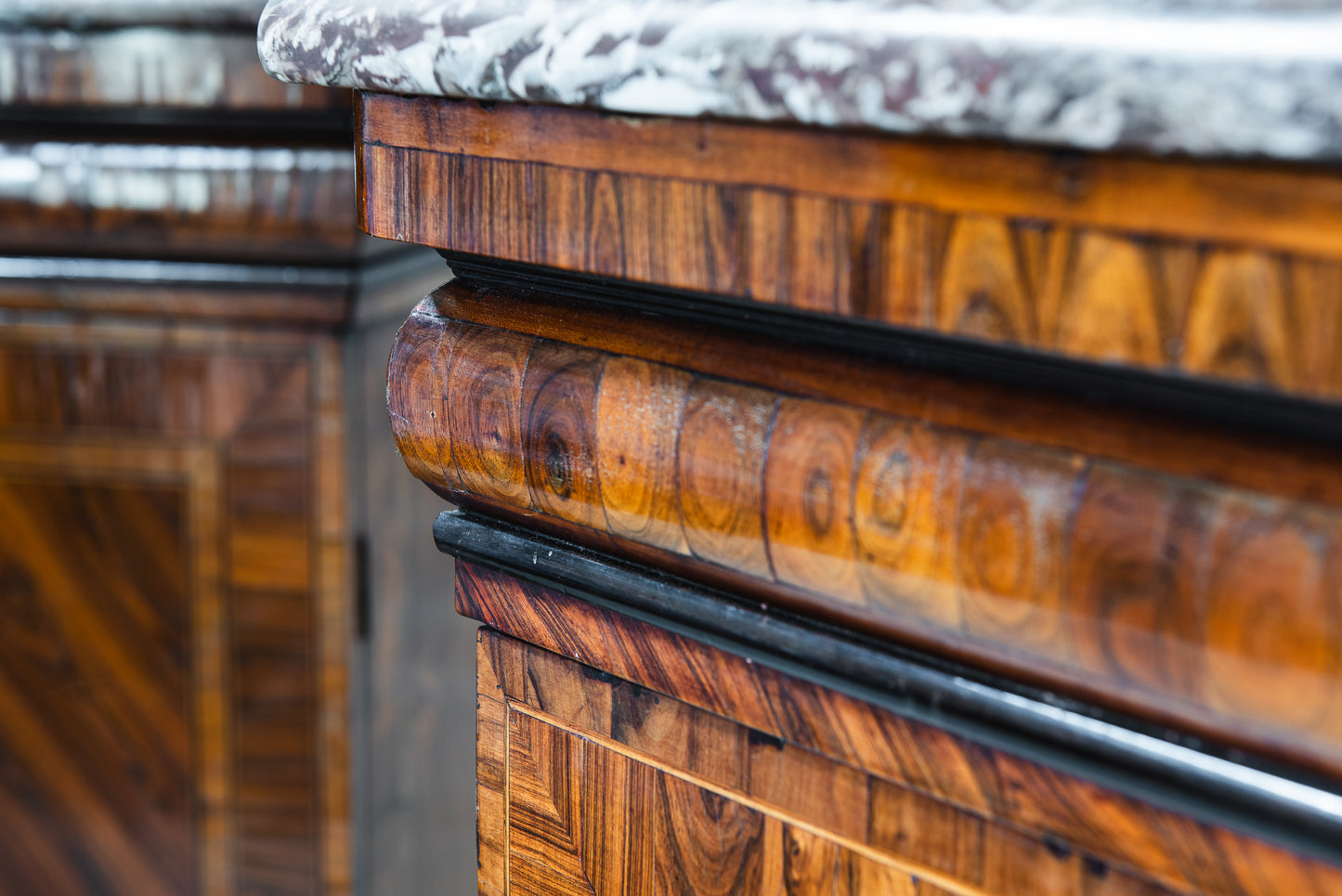A Pair of Louis XV style Kingwood and Rouge Royal Marble Side Cabinets