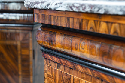 A Pair of Louis XV style Kingwood and Rouge Royal Marble Side Cabinets