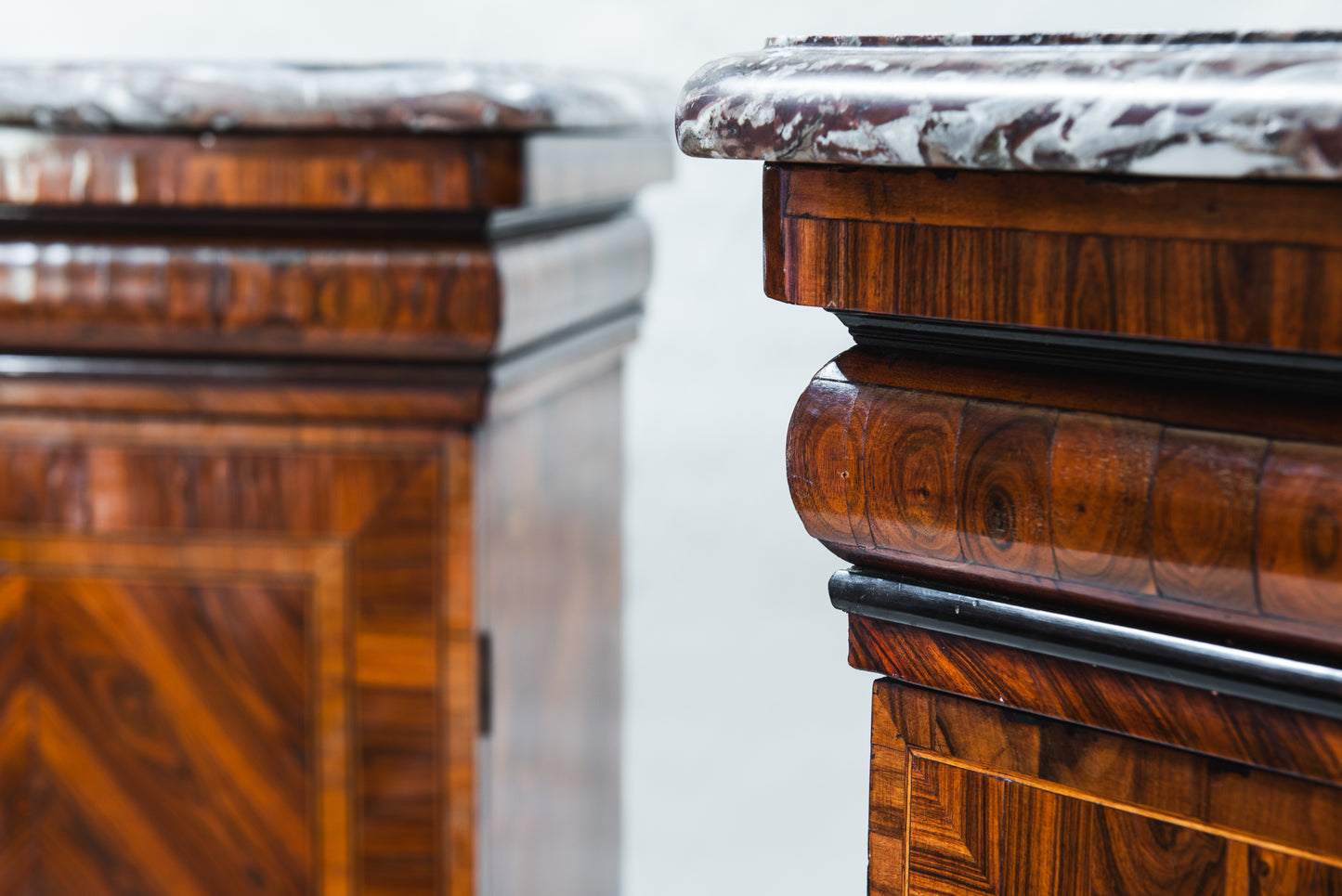A Pair of Louis XV style Kingwood and Rouge Royal Marble Side Cabinets