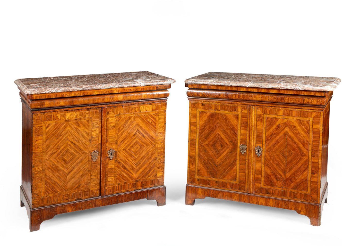 A Pair of Louis XV style Kingwood and Rouge Royal Marble Side Cabinets
